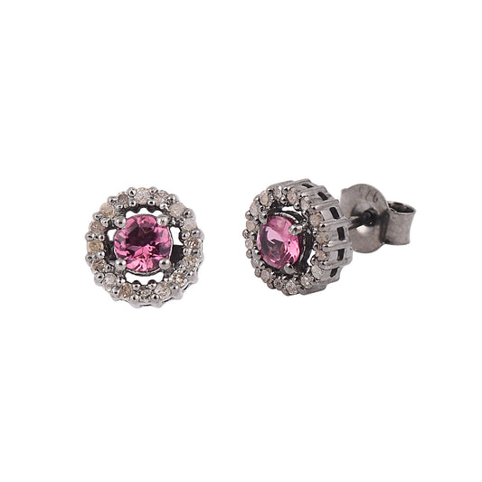 Silver Pink Tourmaline Halo Studs Earrings