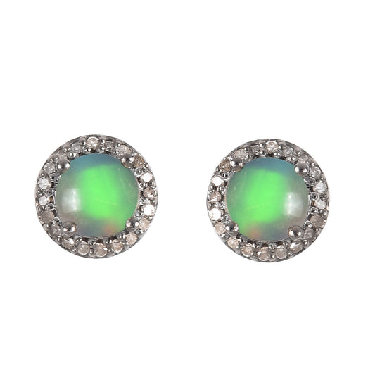 Green Blush Opal Halo Diamond Earrings