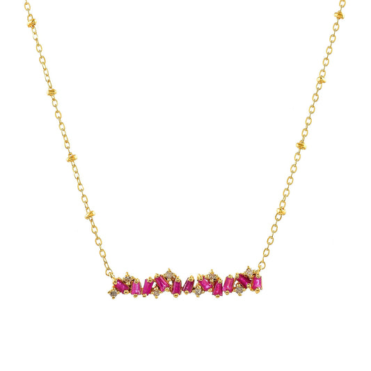 Vintage Ruby With Diamond Cluster Bar Necklace
